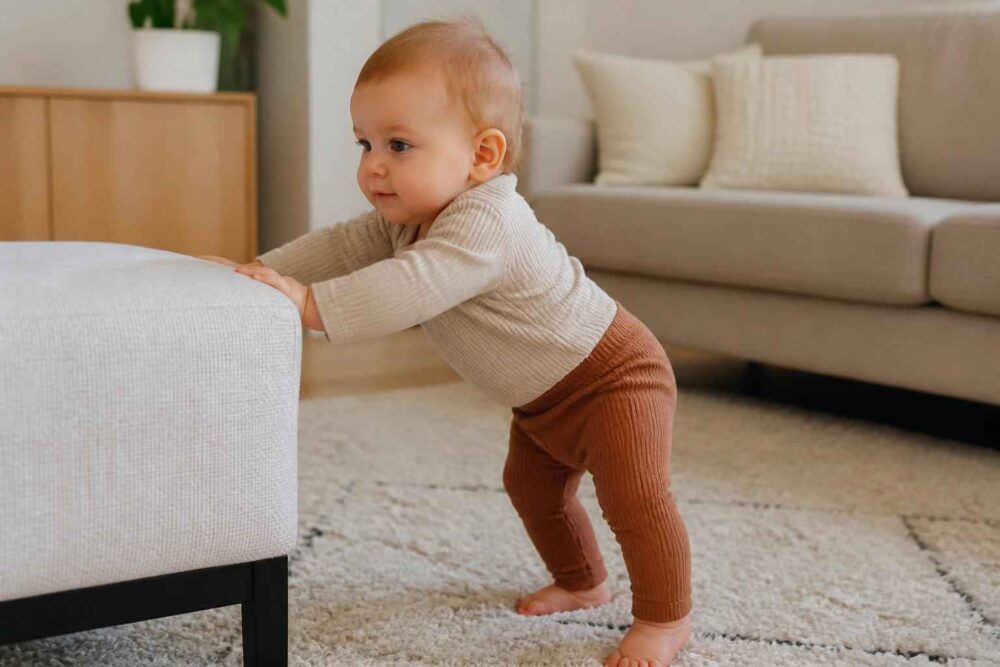 Niemowlę stoi przy meblu