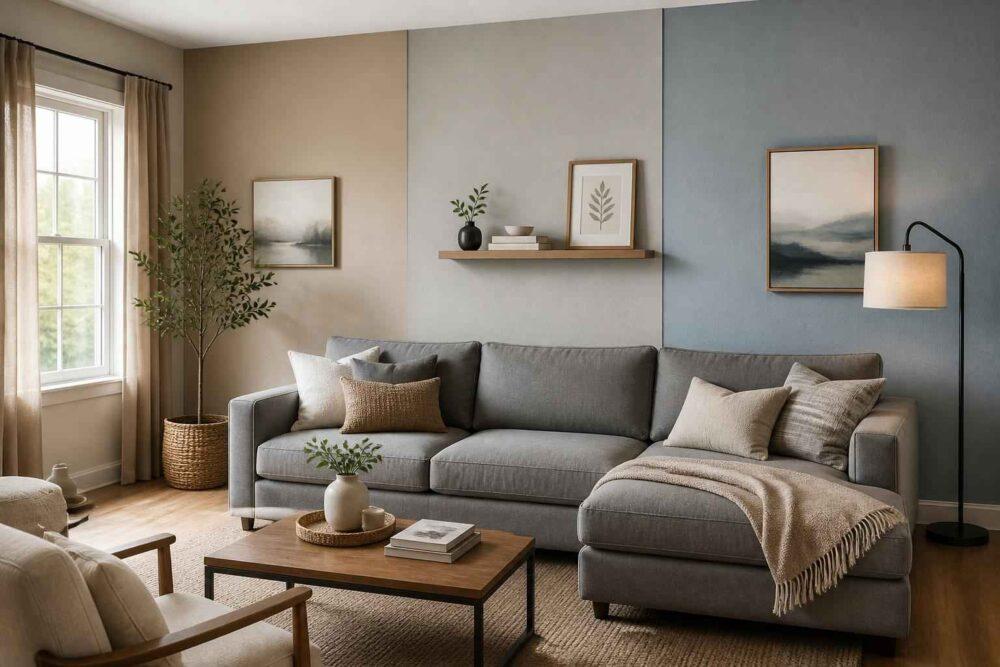 Szara sofa przy beżowych ścianach